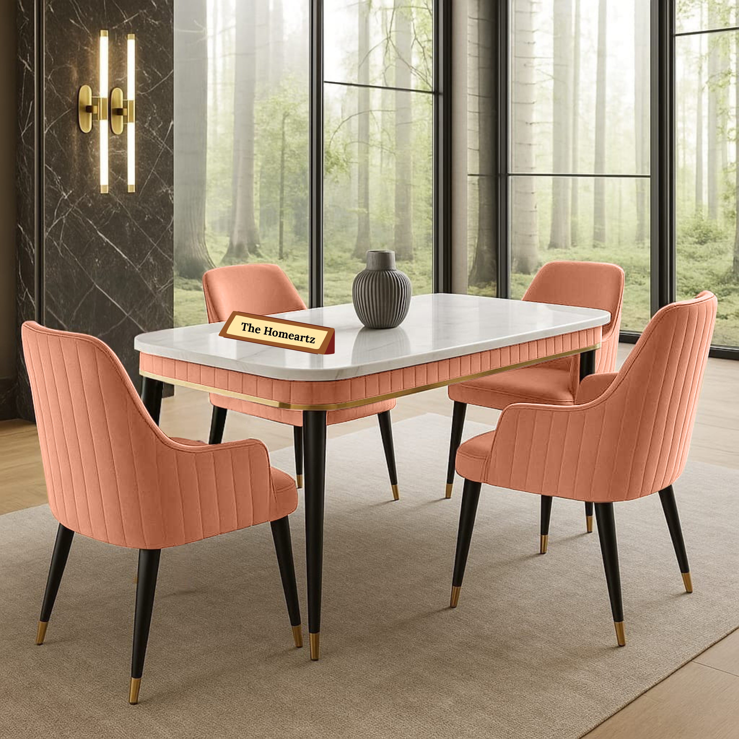 The Homeartz 4-Seater Modern Wooden Dining Table Set | Created Italian Statuario Marble Top | Elegant Composite Marble Table with 4 Chairs