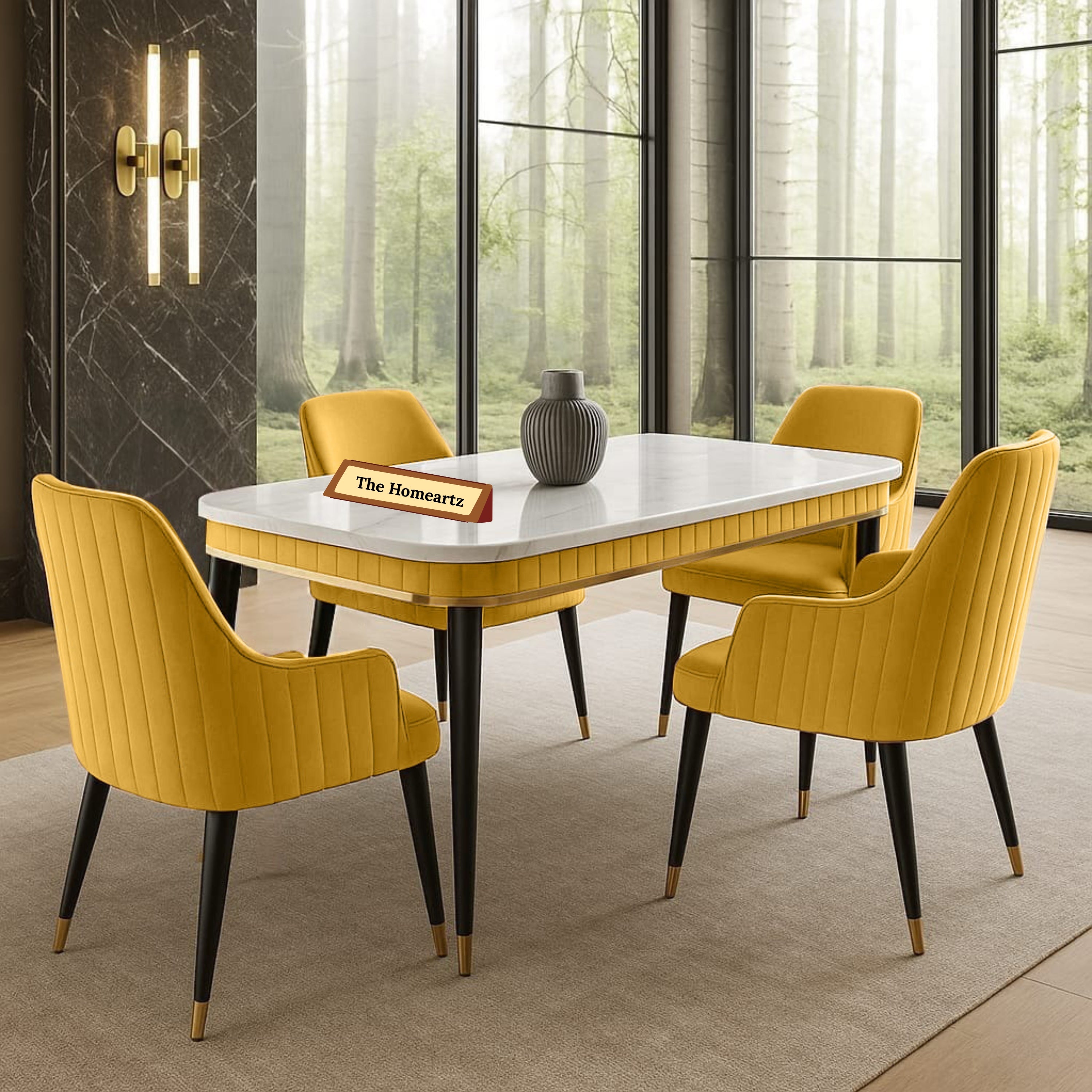 The Homeartz 4-Seater Modern Wooden Dining Table Set | Created Italian Statuario Marble Top | Elegant Composite Marble Table with 4 Chairs