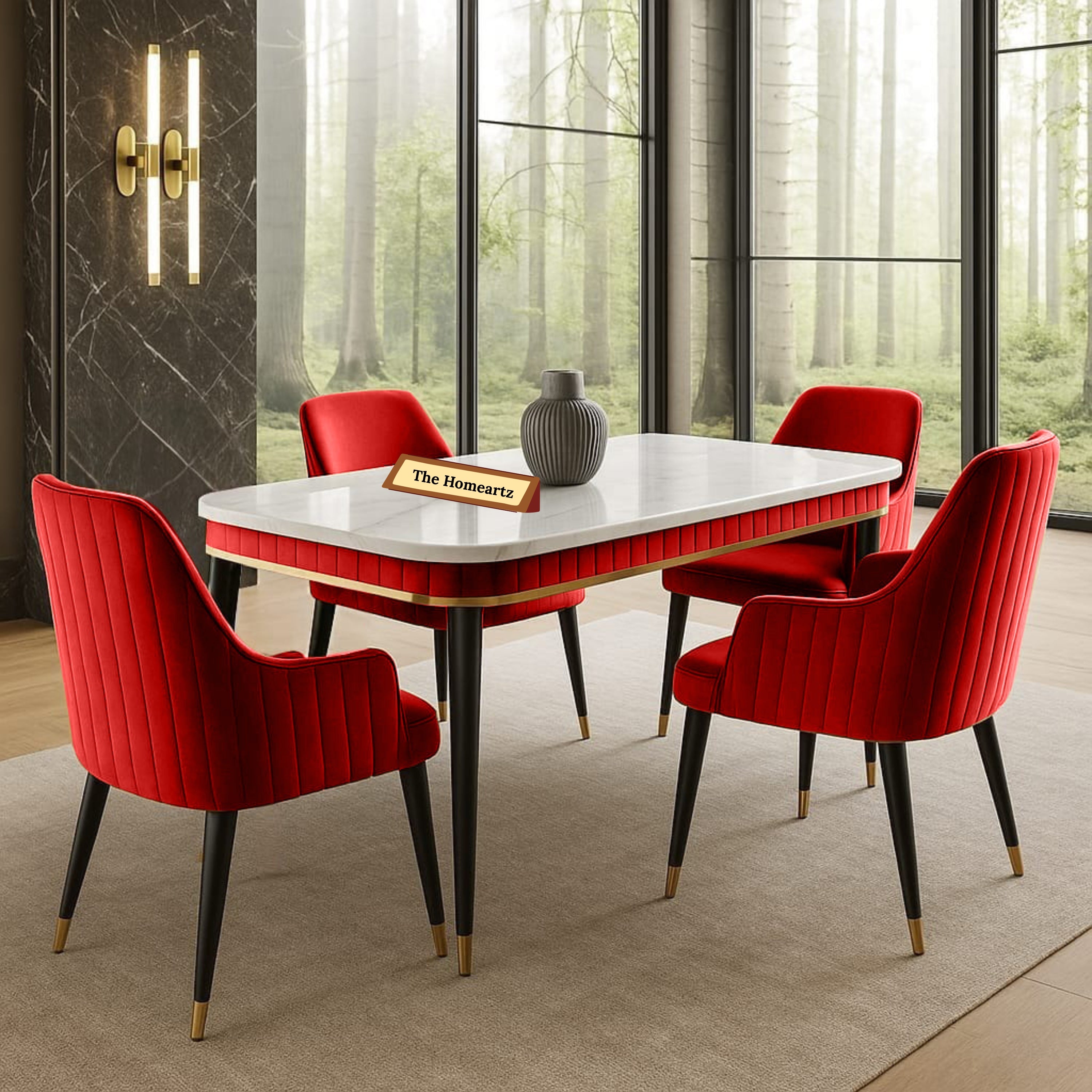 The Homeartz 4-Seater Modern Wooden Dining Table Set | Created Italian Statuario Marble Top | Elegant Composite Marble Table with 4 Chairs