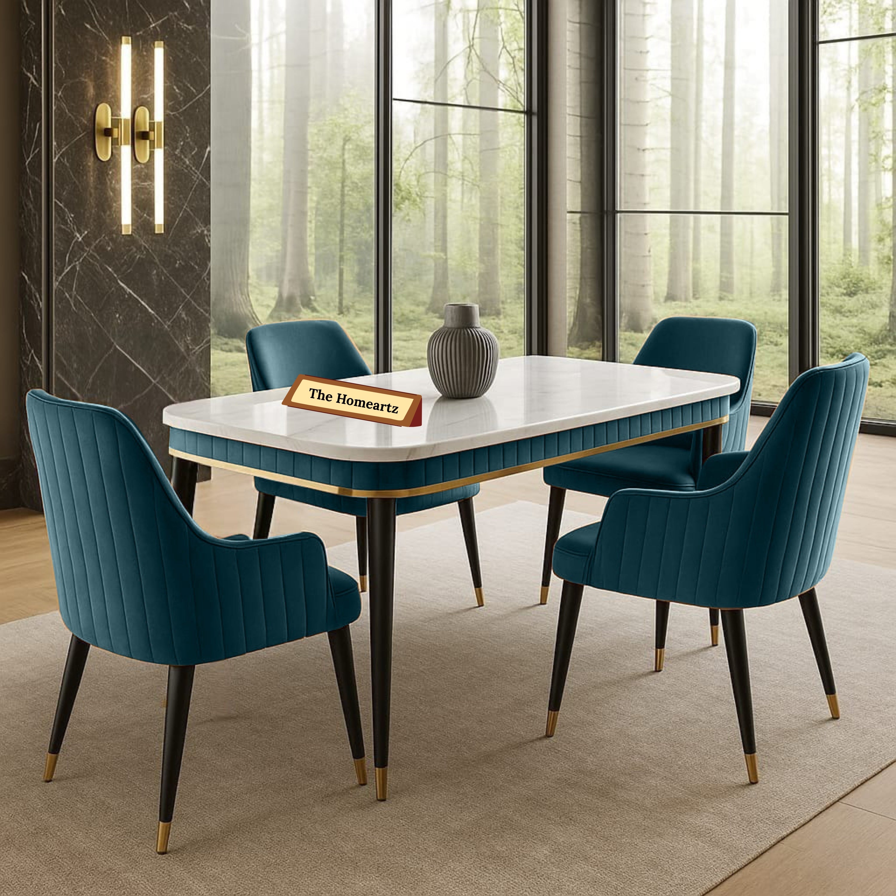 The Homeartz 4-Seater Modern Wooden Dining Table Set | Created Italian Statuario Marble Top | Elegant Composite Marble Table with 4 Chairs