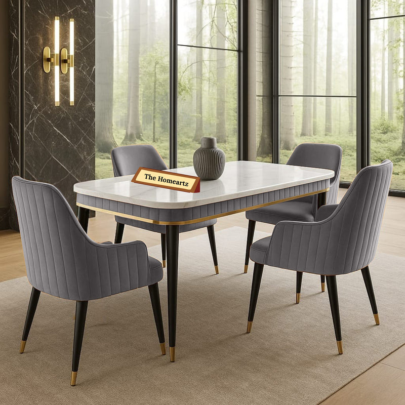 The Homeartz 4-Seater Modern Wooden Dining Table Set | Created Italian Statuario Marble Top | Elegant Composite Marble Table with 4 Chairs