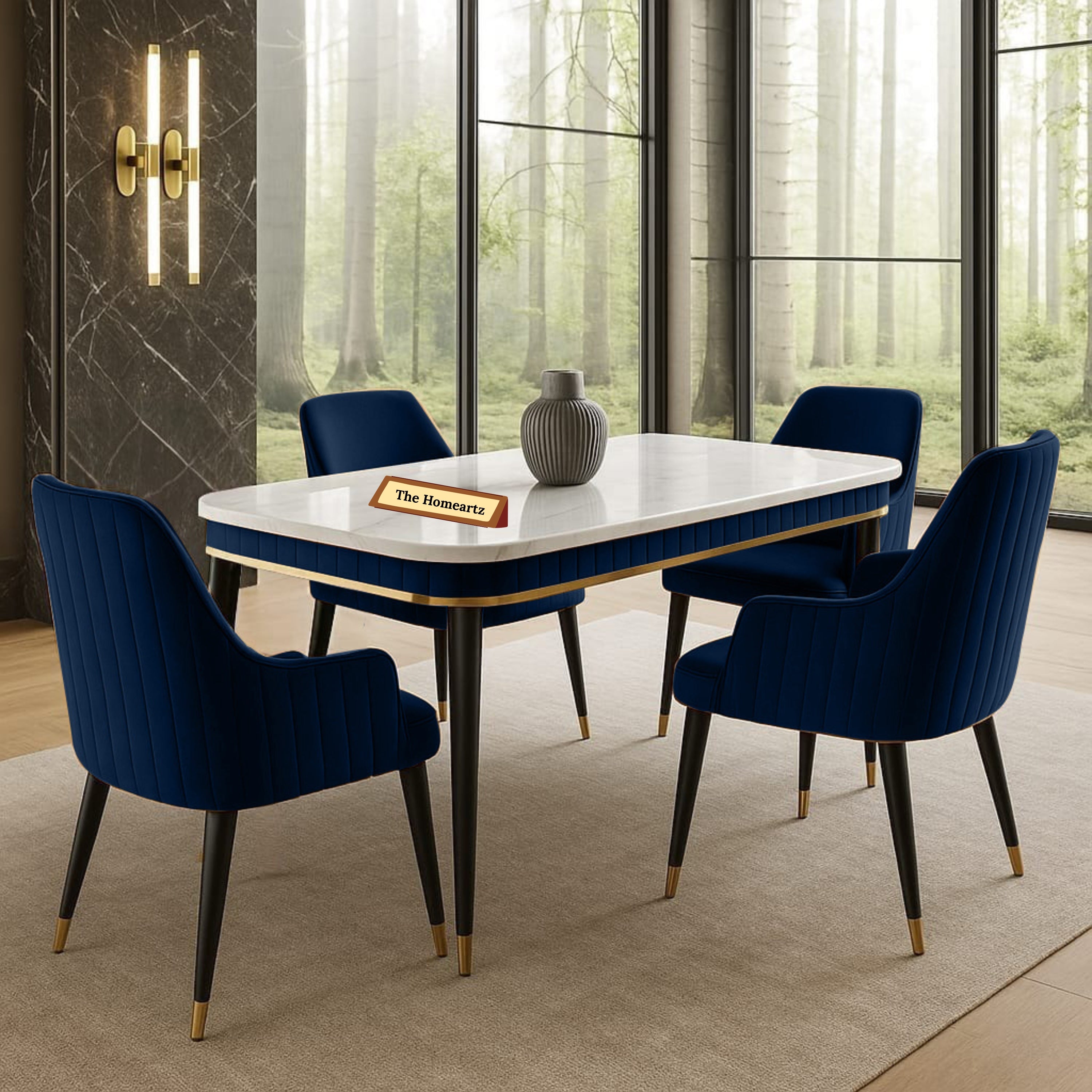 The Homeartz 4-Seater Modern Wooden Dining Table Set | Created Italian Statuario Marble Top | Elegant Composite Marble Table with 4 Chairs