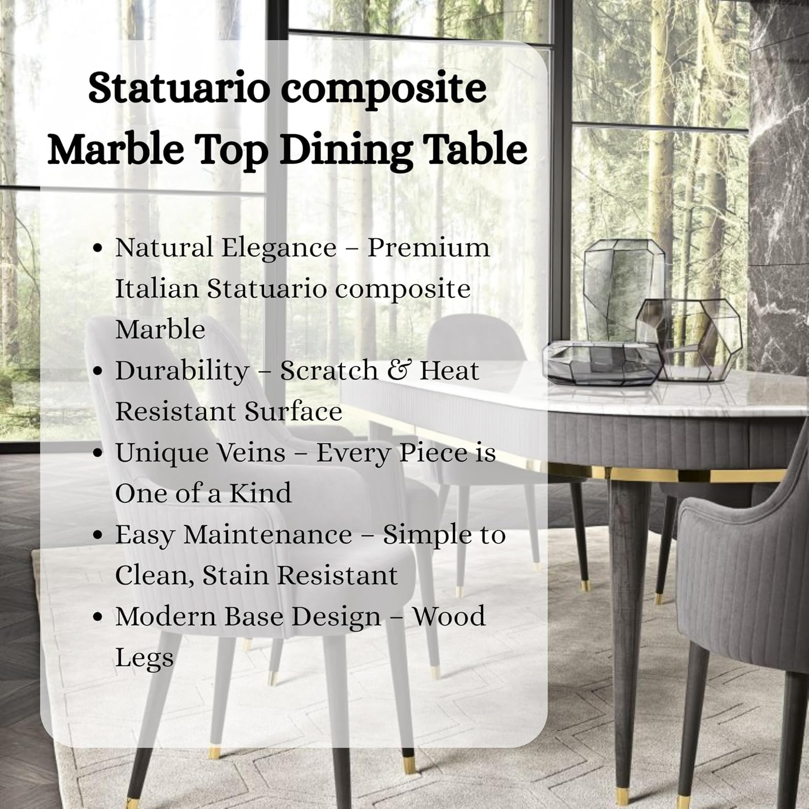 The Homeartz 4-Seater Modern Wooden Dining Table Set | Created Italian Statuario Marble Top | Elegant Composite Marble Table with 4 Chairs