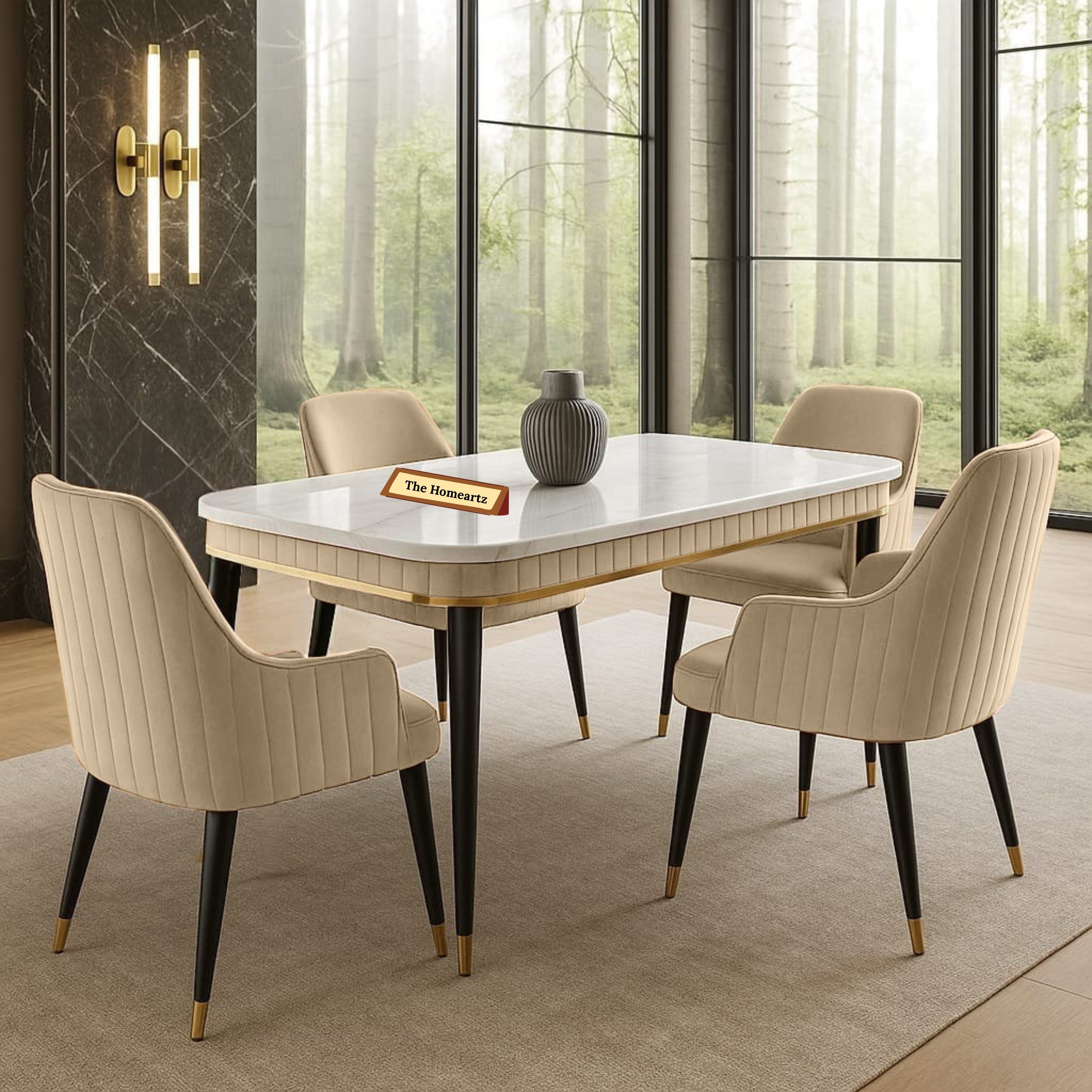The Homeartz 4-Seater Modern Wooden Dining Table Set | Created Italian Statuario Marble Top | Elegant Composite Marble Table with 4 Chairs